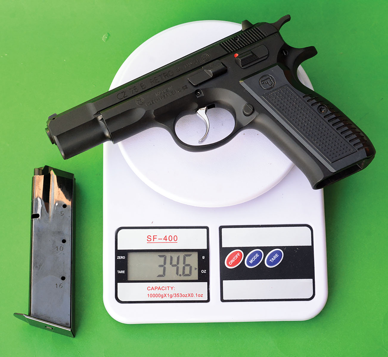 Without the magazine installed, the CZ-USA 75 B RETRO weighs 34.6 ounces and is all steel.